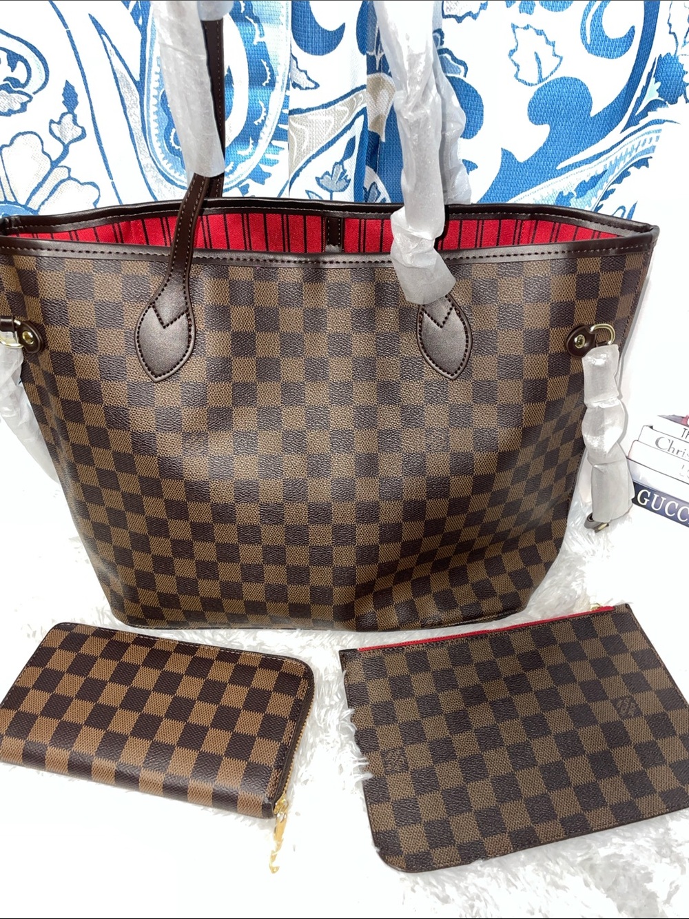 👜NEW LV Brown Checkered Tote Bag with Red Interior matching wallet